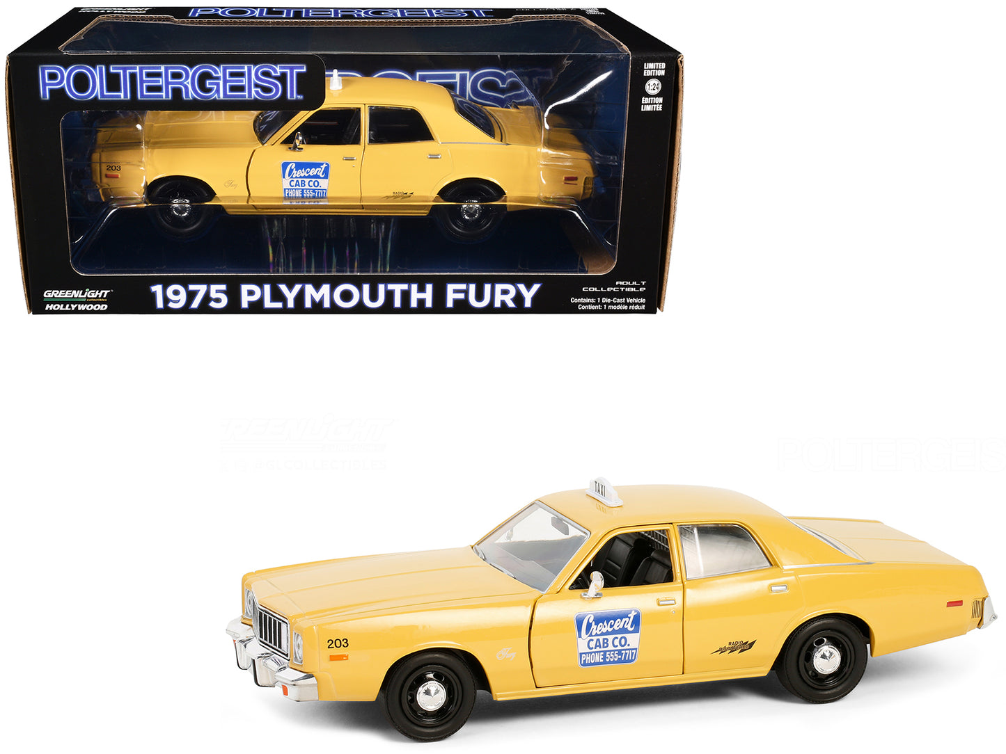 1975 Plymouth Fury Taxi "Crescent Cab Co." Yellow "Poltergeist" (1982) Movie "Hollywood" Series 20 1/24 Diecast Model Car by Greenlight