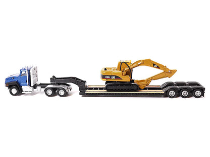 CAT Caterpillar CT660 Day Cab Tractor Blue Metallic with Lowboy Trailer and CAT 315C L Hydraulic Excavator Yellow 1/87 (HO) Diecast Model by Diecast Masters