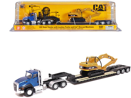 CAT Caterpillar CT660 Day Cab Tractor Blue Metallic with Lowboy Trailer and CAT 315C L Hydraulic Excavator Yellow 1/87 (HO) Diecast Model by Diecast Masters