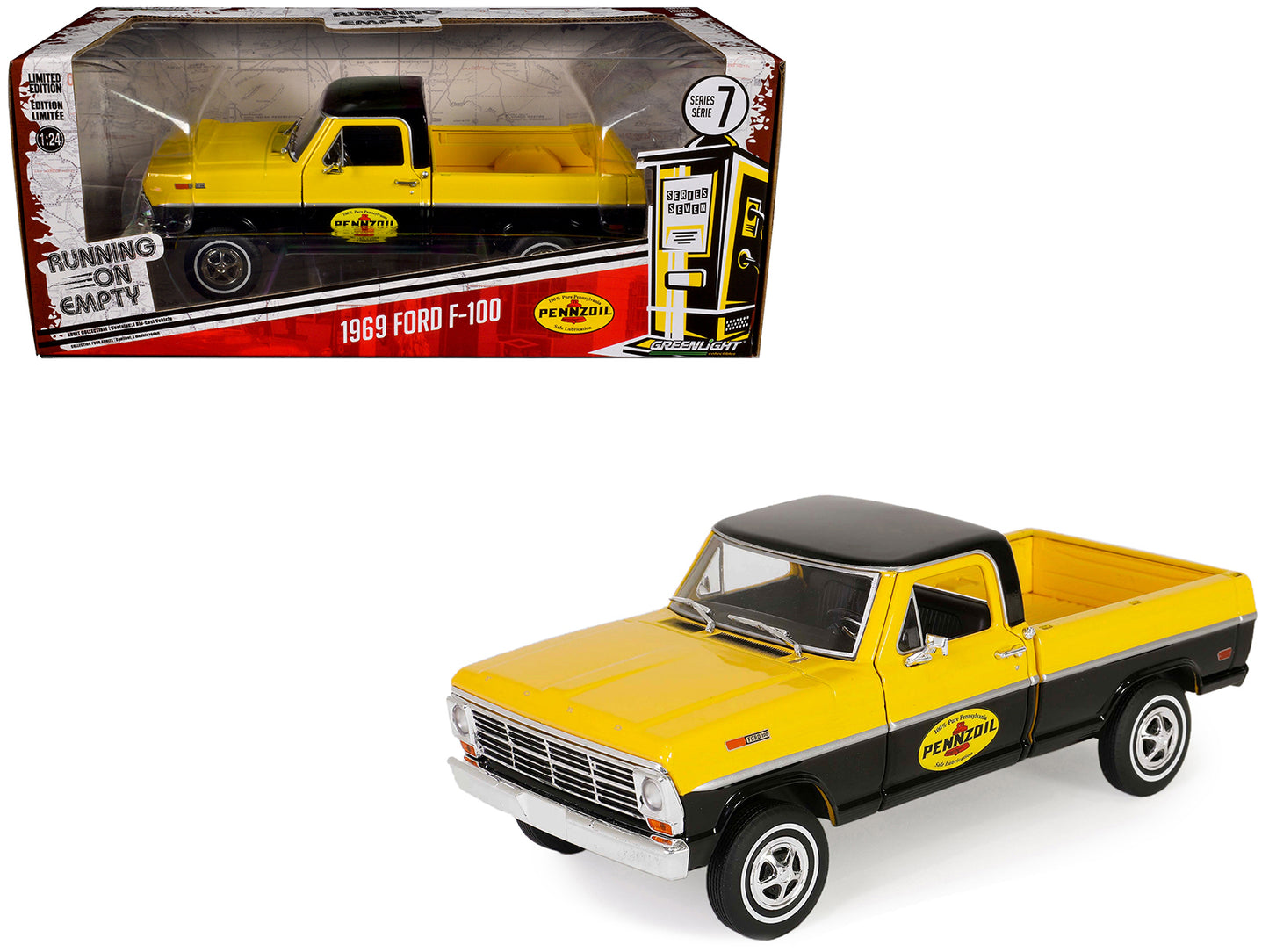 1969 Ford F-100 Pickup Truck "Pennzoil" Yellow and Black "Running on Empty" Series 7 1/24 Diecast Model Car by Greenlight