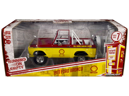 1977 Ford Bronco "Shell Oil" Red and Yellow with White Top "Running on Empty" Series 7 1/24 Diecast Model Car by Greenlight