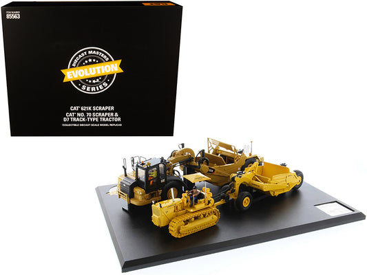 CAT Caterpillar 621K Tractor Scraper and CAT Caterpillar D7 Track-Type Tractor with No. 70 Scraper Set "Evolution Series" 1/50 Diecast Models by Diecast Masters