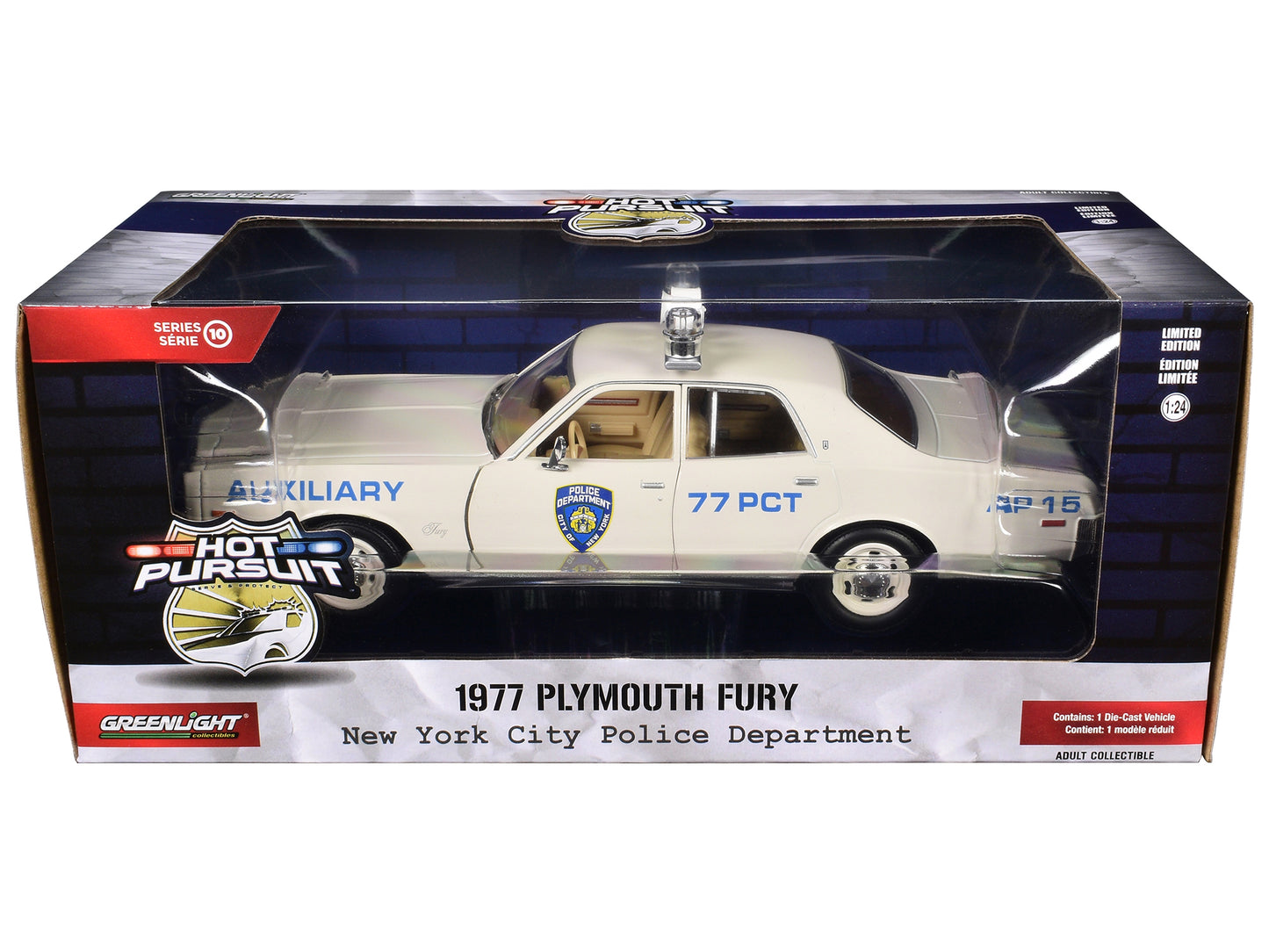 1977 Plymouth Fury Cream "New York City Police Department (NYPD) Auxiliary" "Hot Pursuit" Series 10 1/24 Diecast Model Car by Greenlight