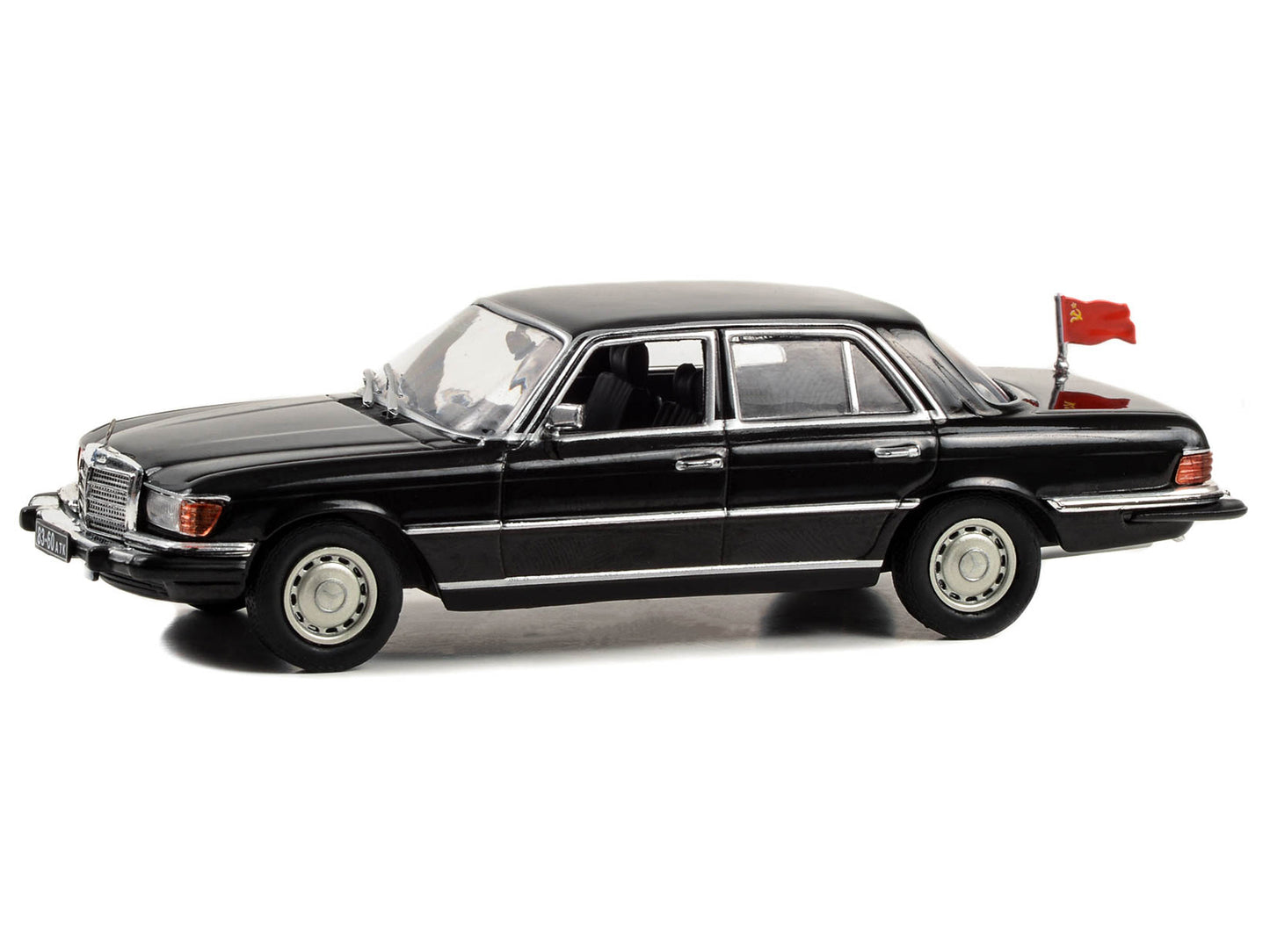 1977 Mercedes-Benz 450 SEL (W116) Black with Soviet Flag "Rocky IV" (1985) Movie 1/43 Diecast Model Car by Greenlight