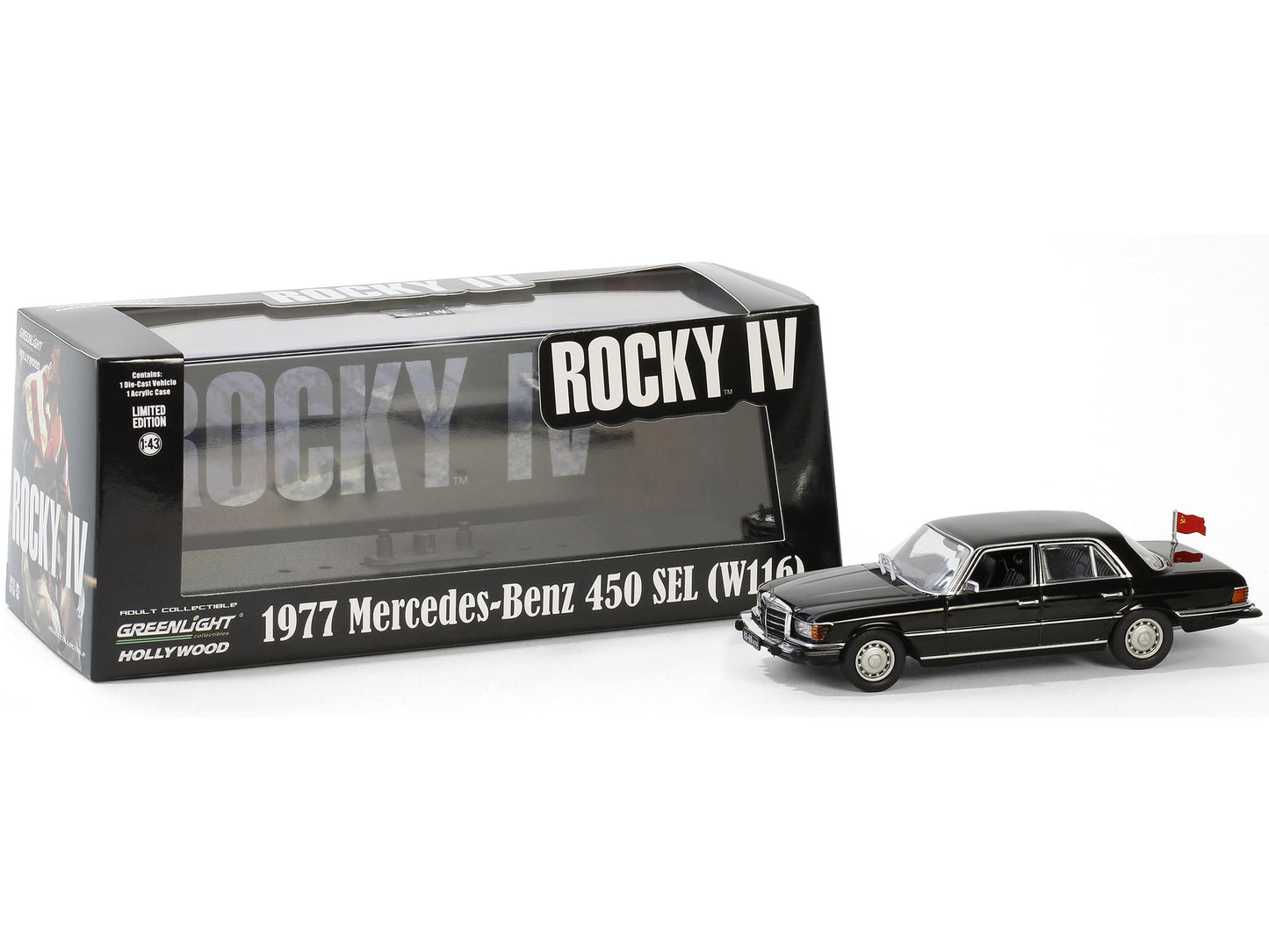 1977 Mercedes-Benz 450 SEL (W116) Black with Soviet Flag "Rocky IV" (1985) Movie 1/43 Diecast Model Car by Greenlight