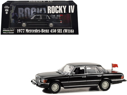 1977 Mercedes-Benz 450 SEL (W116) Black with Soviet Flag "Rocky IV" (1985) Movie 1/43 Diecast Model Car by Greenlight