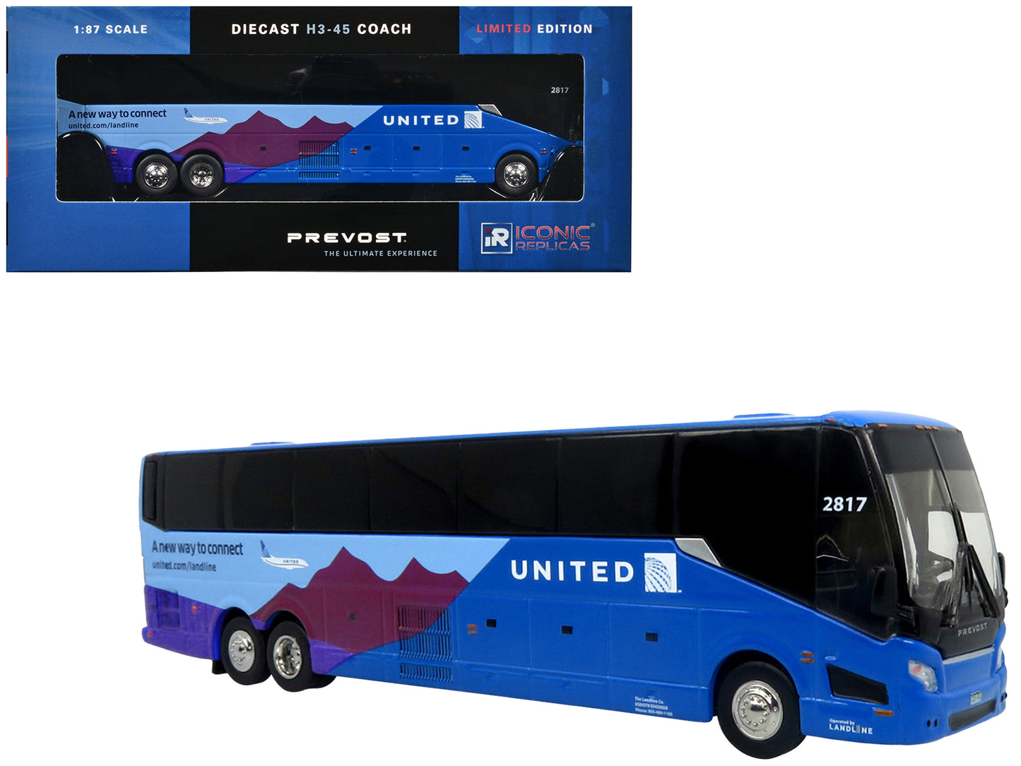 Prevost H3-45 Coach Bus "United Airlines" Blue with Graphics Limited Edition 1/87 (HO) Diecast Model by Iconic Replicas