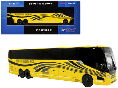 Prevost H3-45 Coach Bus "All Aboard America" Yellow with Graphics Limited Edition 1/87 (HO) Diecast Model by Iconic Replicas