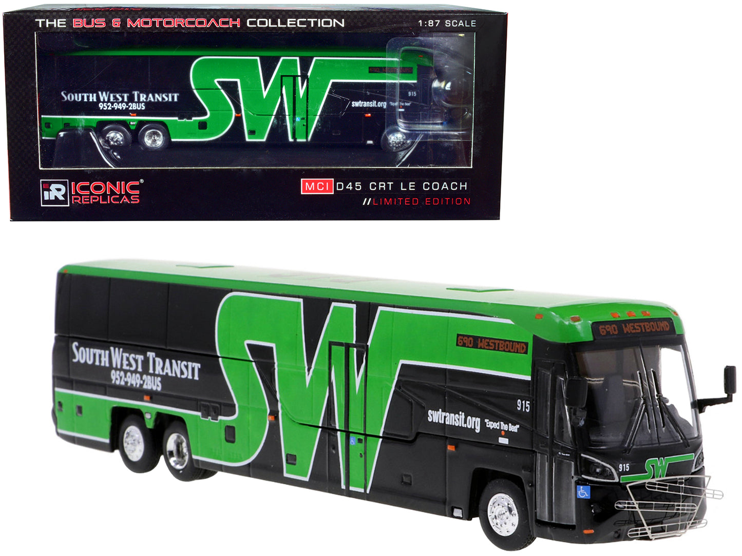 MCI D45 CRT LE Coach Bus South West Transit "690 Westbound" "The Bus & Motorcoach Collection" 1/87 Diecast Model by Iconic Replicas