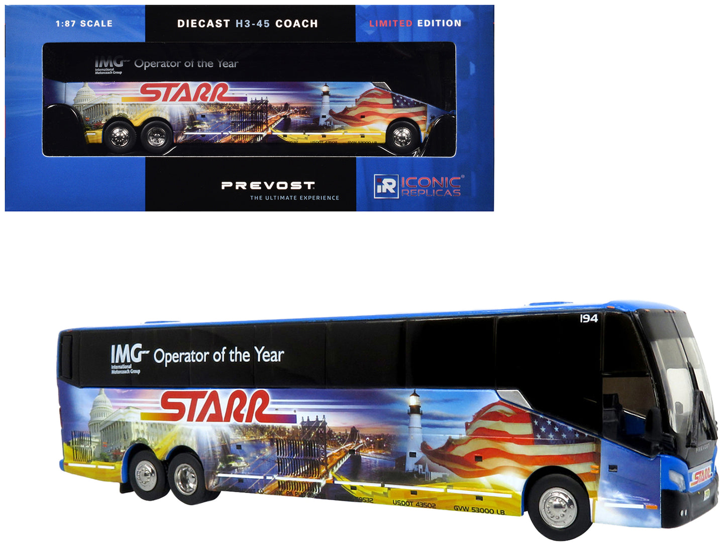 Prevost H3-45 Coach Bus "Starr Tours" Blue with Graphics Limited Edition 1/87 (HO) Diecast Model by Iconic Replicas