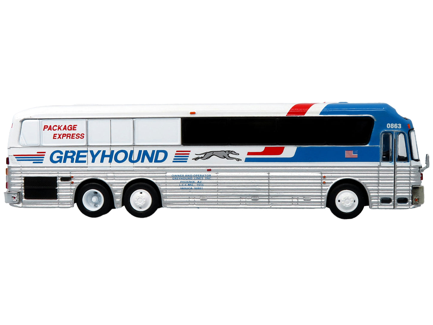 1984 Eagle Model 10 Motorcoach Bus "Greyhound Package Express" White and Blue "Vintage Bus & Motorcoach Collection" Limited Edition to 504 pieces Worldwide 1/87 (HO) Diecast Model by Iconic Replicas