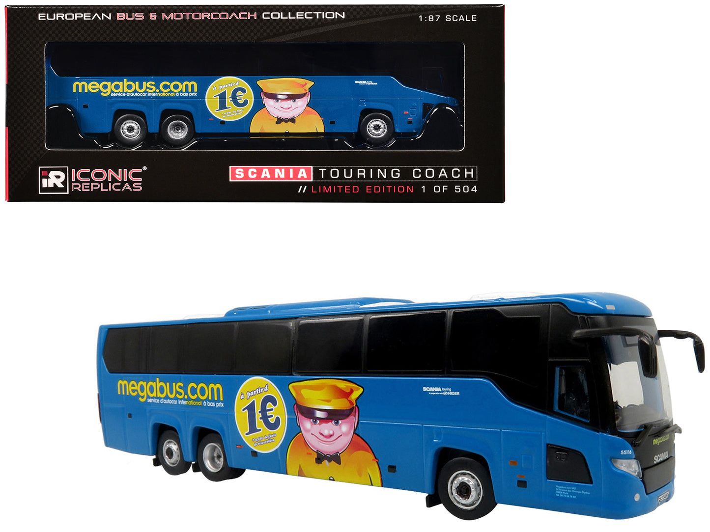 Scania Touring Coach Bus "Megabus France" Blue with Graphics "European Bus & Motorcoach Collection" Limited Edition to 504 pieces Worldwide 1/87 (HO) Diecast Model by Iconic Replicas