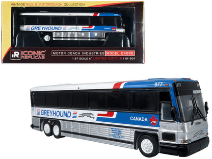 2001 MCI D4000 Coach Bus "Greyhound Canada" Blue and White with Red Stripes "Vintage Bus & Motorcoach Collection" Limited Edition to 504 pieces Worldwide 1/87 (HO) Diecast Model by Iconic Replicas