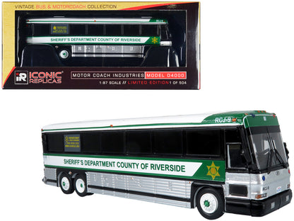 2001 MCI D4000 Coach Bus "Sheriff's Department County of Riverside" White and Green "Vintage Bus & Motorcoach Collection" Limited Edition to 504 pieces Worldwide 1/87 (HO) Diecast Model by Iconic Replicas