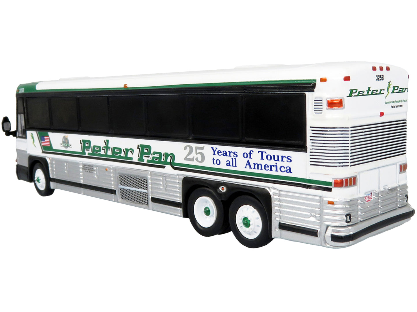 2001 MCI D4000 Coach Bus "Peter Pan 25 Years of Tours to all of America" White and Green "Vintage Bus & Motorcoach Collection" Limited Edition to 504 pieces Worldwide 1/87 (HO) Diecast Model by Iconic Replicas