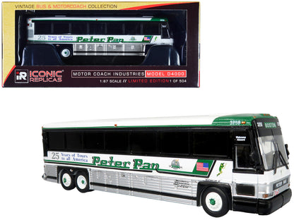 2001 MCI D4000 Coach Bus "Peter Pan 25 Years of Tours to all of America" White and Green "Vintage Bus & Motorcoach Collection" Limited Edition to 504 pieces Worldwide 1/87 (HO) Diecast Model by Iconic Replicas