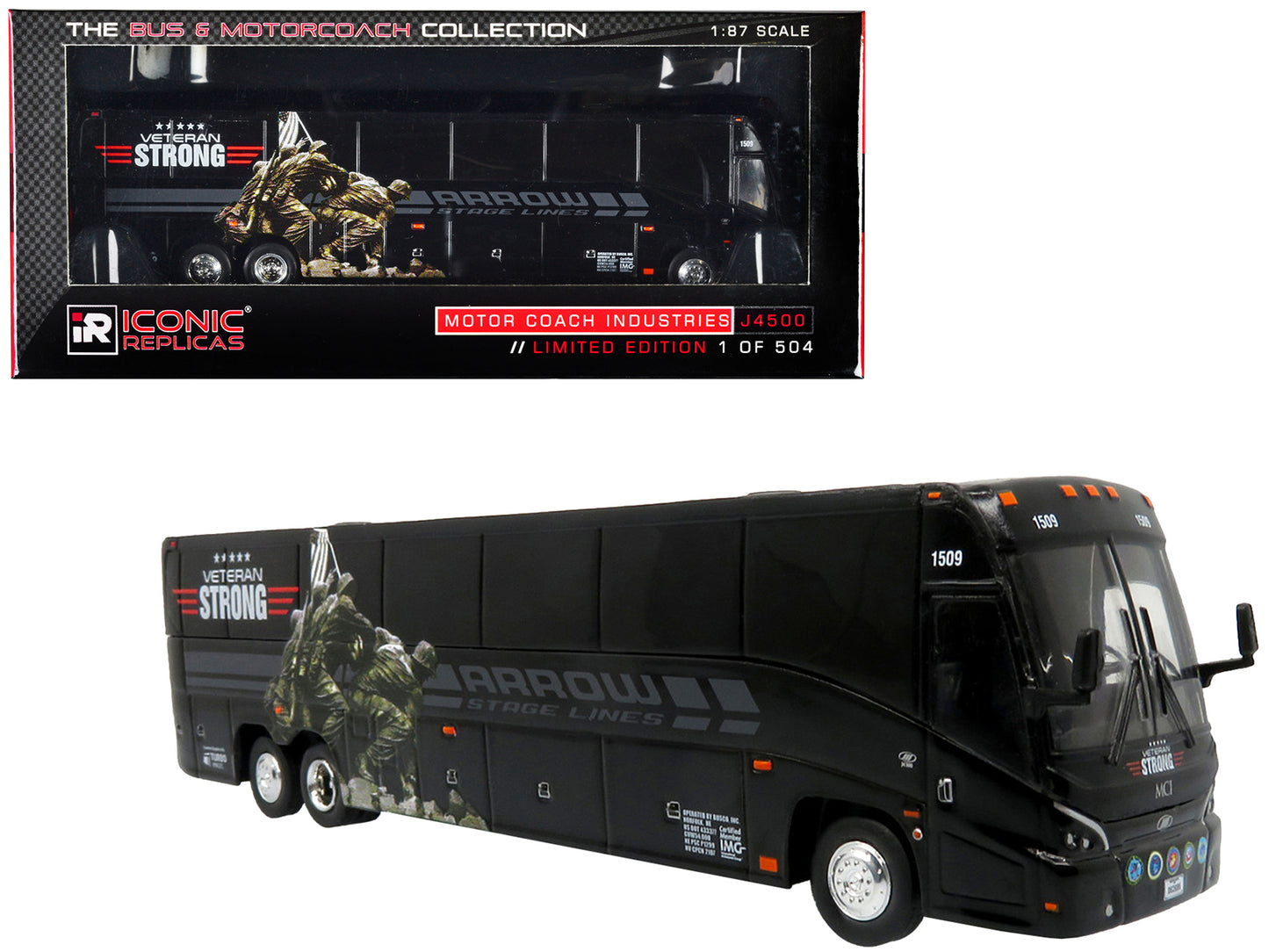 MCI J4500 Coach Bus "Arrow Stage Lines - Veteran Strong" Black "The Bus & Motorcoach Collection" Limited Edition to 504 pieces Worldwide 1/87 (HO) Diecast Model by Iconic Replicas