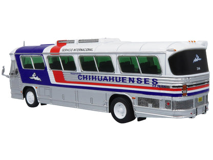 Dina 323-G2 Olimpico Coach Bus "Transportes Chihuahuenses" White and Silver with Red and Blue Stripes Limited Edition to 504 pieces Worldwide "The Bus and Motorcoach Collection" 1/87 (HO) Diecast Model by Iconic Replicas