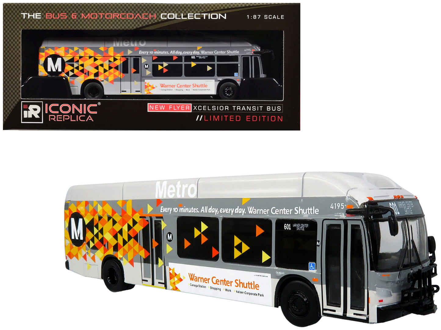 New Flyer Xcelsior XN40 Transit Bus "Los Angeles Metro - Warner Center Shuttle" Gray with Graphics "The Bus & Motorcoach Collection" Limited Edition 1/87 (HO) Diecast Model by Iconic Replicas