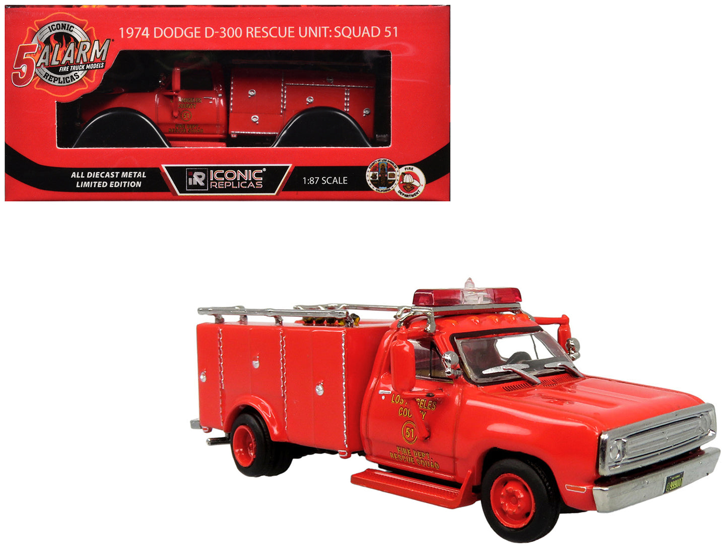 1974 Dodge D-300 Rescue Unit "Los Angeles County Fire Department Squad 51" Red "5 Alarm" Series Limited Edition 1/87 (HO) Diecast Model by Iconic Replicas