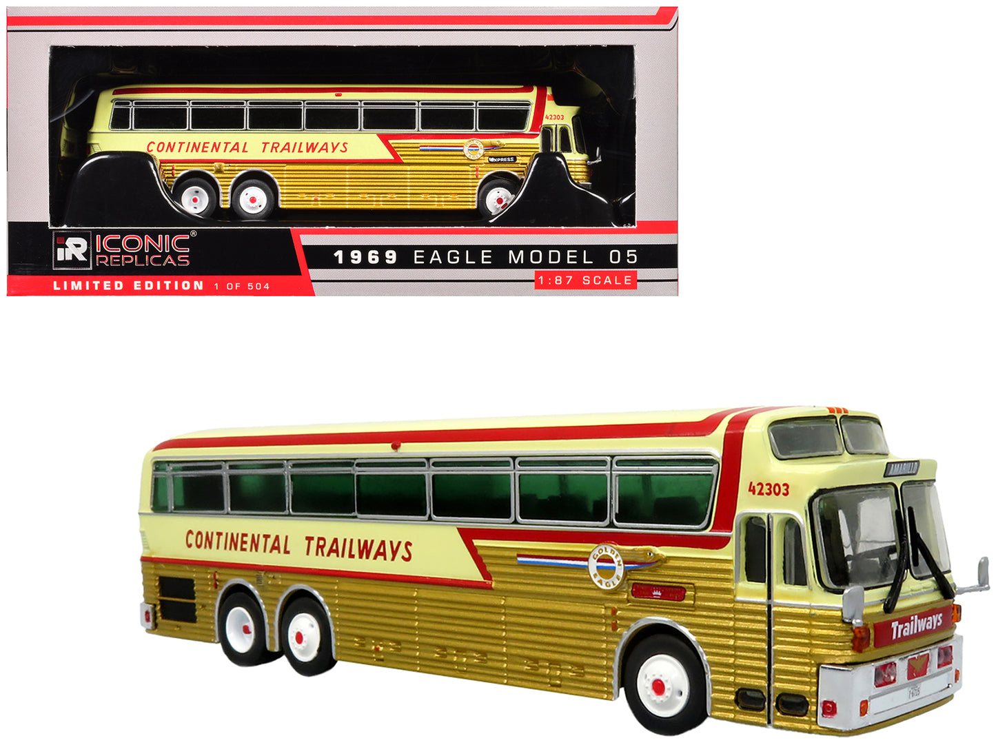 1969 Eagle Model 05 Coach Bus "Golden Eagle - Continental Trailways" Gold Metallic and Cream with Red Stripes Limited Edition to 504 pieces Worldwide 1/87 (HO) Diecast Model by Iconic Replicas