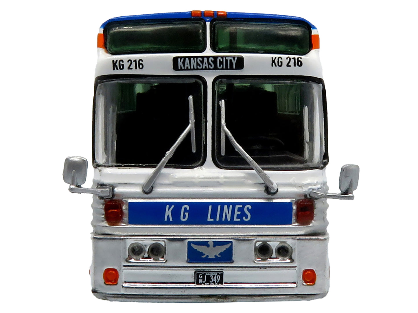 1969 Eagle Model 05 Coach Bus "Golden Eagle - KG Lines/Greyhound" White and Blue with Red Stripes Limited Edition to 504 pieces Worldwide 1/87 (HO) Diecast Model by Iconic Replicas