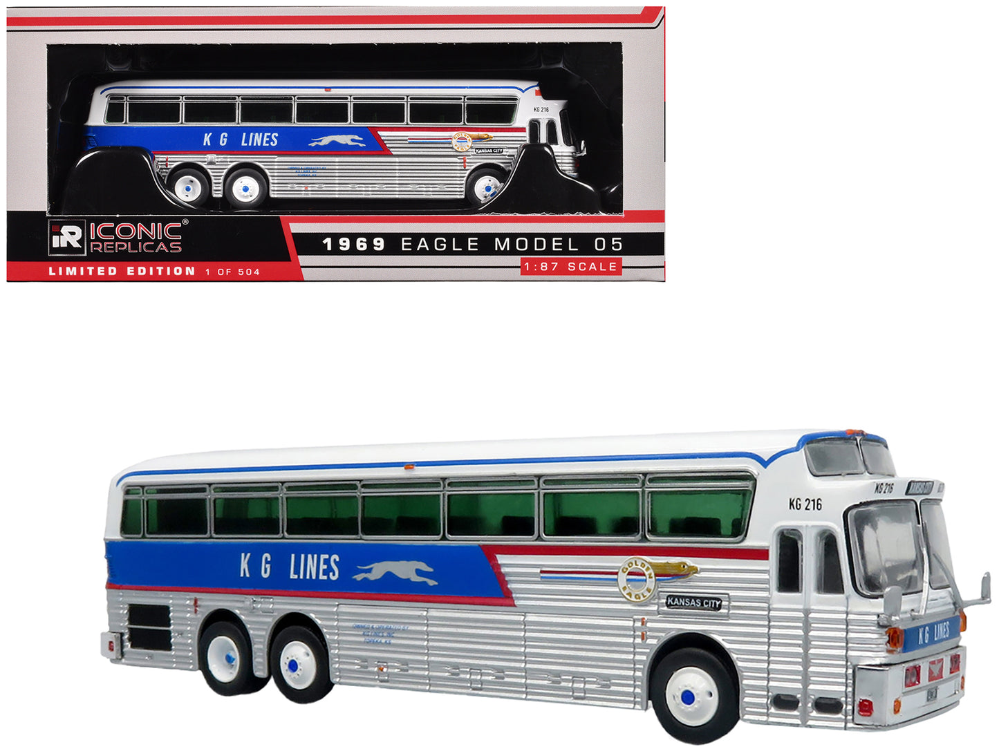 1969 Eagle Model 05 Coach Bus "Golden Eagle - KG Lines/Greyhound" White and Blue with Red Stripes Limited Edition to 504 pieces Worldwide 1/87 (HO) Diecast Model by Iconic Replicas