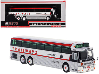 1969 Eagle Model 05 Coach Bus "Adirondack Trailways" White and Red Limited Edition to 504 pieces Worldwide 1/87 (HO) Diecast Model by Iconic Replicas