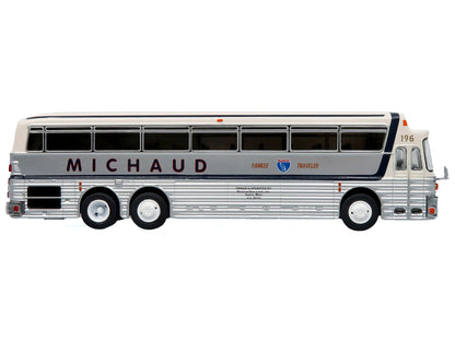 1969 Eagle Model 05 Coach Bus "Michaud Bus Lines Yankee Traveler" White and Silver with Black Stripes Limited Edition to 504 pieces Worldwide 1/87 (HO) Diecast Model by Iconic Replicas