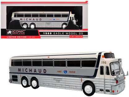 1969 Eagle Model 05 Coach Bus "Michaud Bus Lines Yankee Traveler" White and Silver with Black Stripes Limited Edition to 504 pieces Worldwide 1/87 (HO) Diecast Model by Iconic Replicas