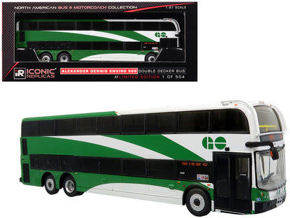 Alexander Dennis Enviro 500 Double Decker Bus "GO Transit" White and Green "North American Bus & Motorcoach Collection" Limited Edition to 504 pieces Worldwide 1/87 (HO) Diecast Model by Iconic Replicas