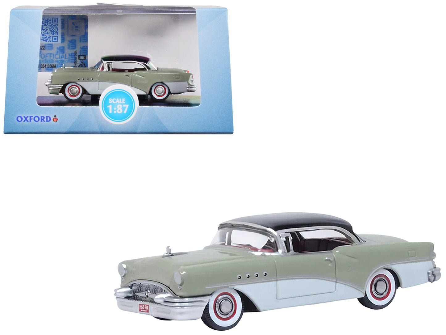 1955 Buick Century Windsor Gray and Dover White with Carlsbad Black Top 1/87 (HO) Scale Diecast Model Car by Oxford Diecast