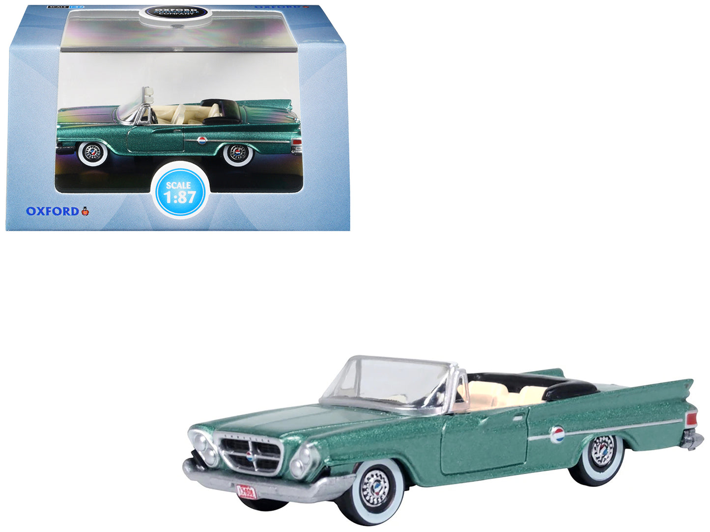 1961 Chrysler 300 Convertible Pinewood Green Metallic 1/87 (HO) Scale Diecast Model Car by Oxford Diecast