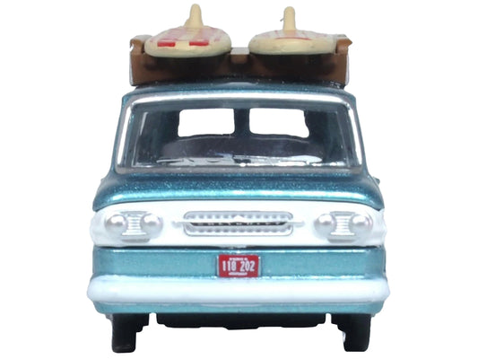 1961 Chevrolet Corvair Greenbrier Passenger Wagon Van Turquoise Metallic and Cameo White with Surfboards on Roof 1/87 (HO) Scale Diecast Model Car by Oxford Diecast