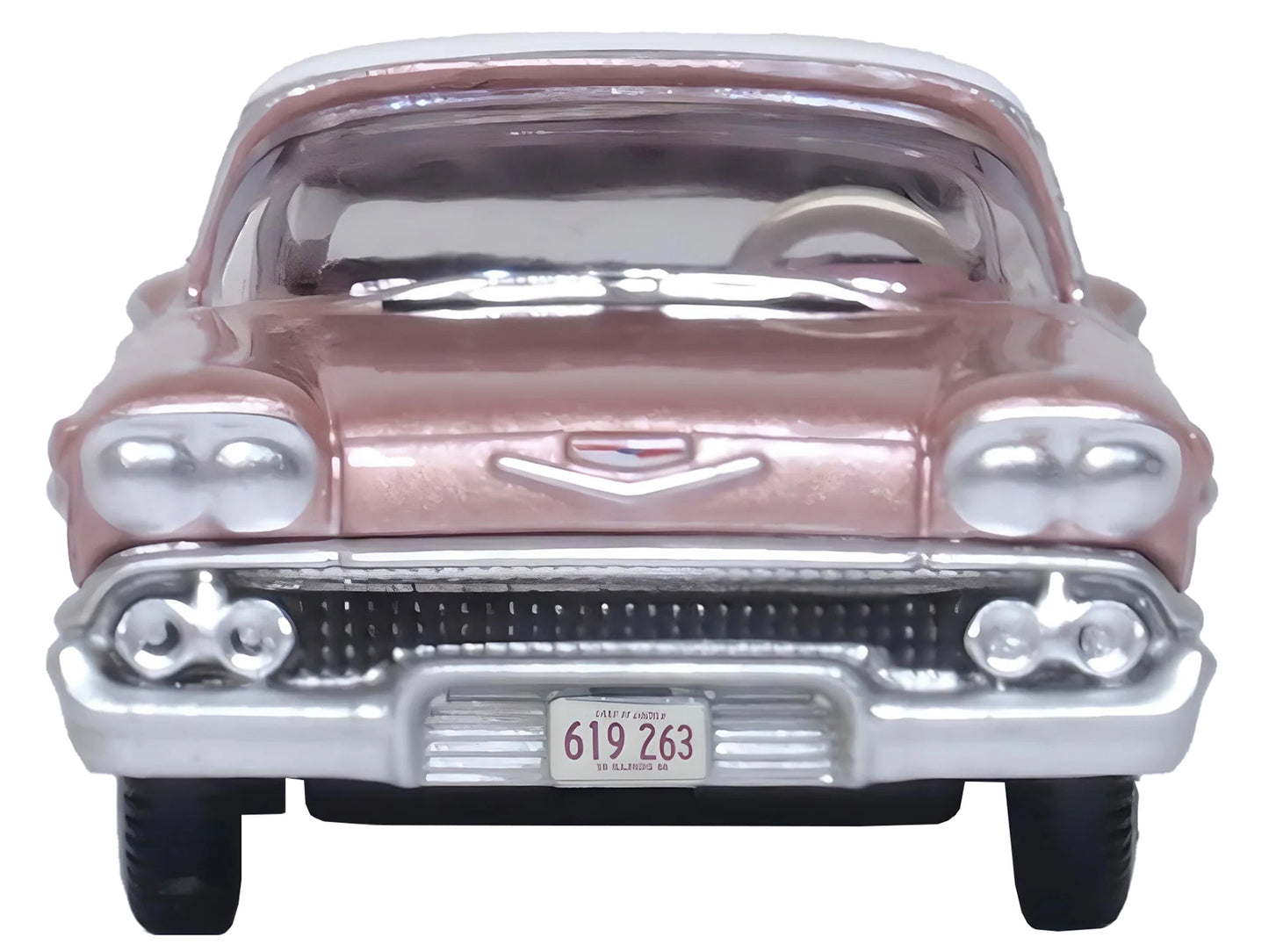 1958 Chevrolet Impala Sport Cay Coral Pink Metallic with White Top 1/87 (HO) Scale Diecast Model Car by Oxford Diecast