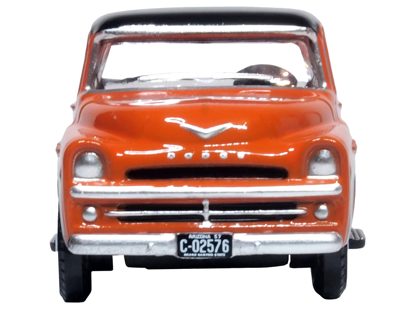 1957 Dodge D100 Sweptside Pickup Truck Omaha Orange and Jewel Black 1/87 (HO) Scale Diecast Model Car by Oxford Diecast