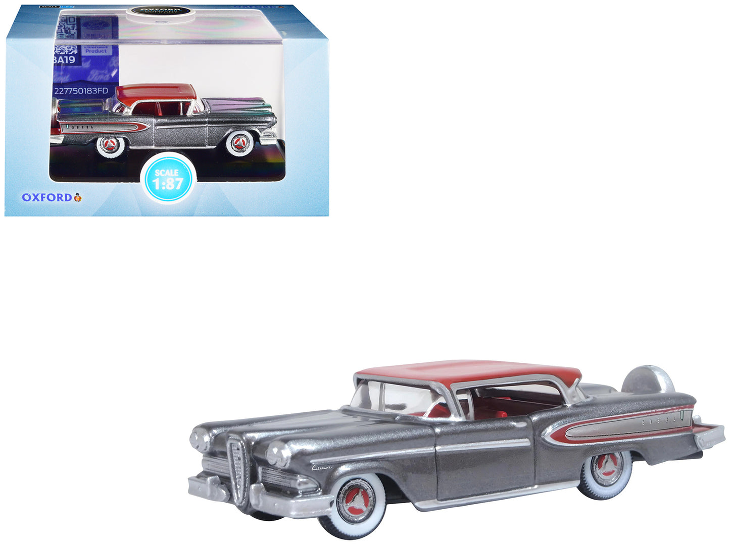 1958 Edsel Citation Silver Gray Metallic with Ember Red Top and Red Interior 1/87 (HO) Scale Diecast Model Car by Oxford Diecast