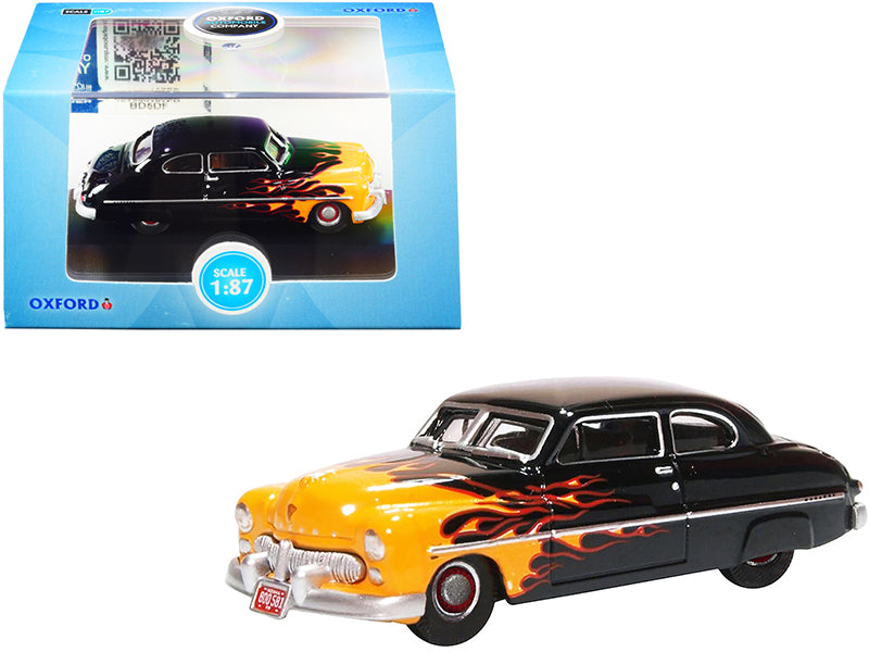 1949 Mercury Coupe "Hot Rod" Black and Yellow with Flames 1/87 (HO) Scale Diecast Model Car by Oxford Diecast