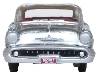 1957 Oldsmobile 88 Convertible (Top-Up) Juneau Gray with White Top and Red Interior 1/87 (HO) Scale Diecast Model Car by Oxford Diecast