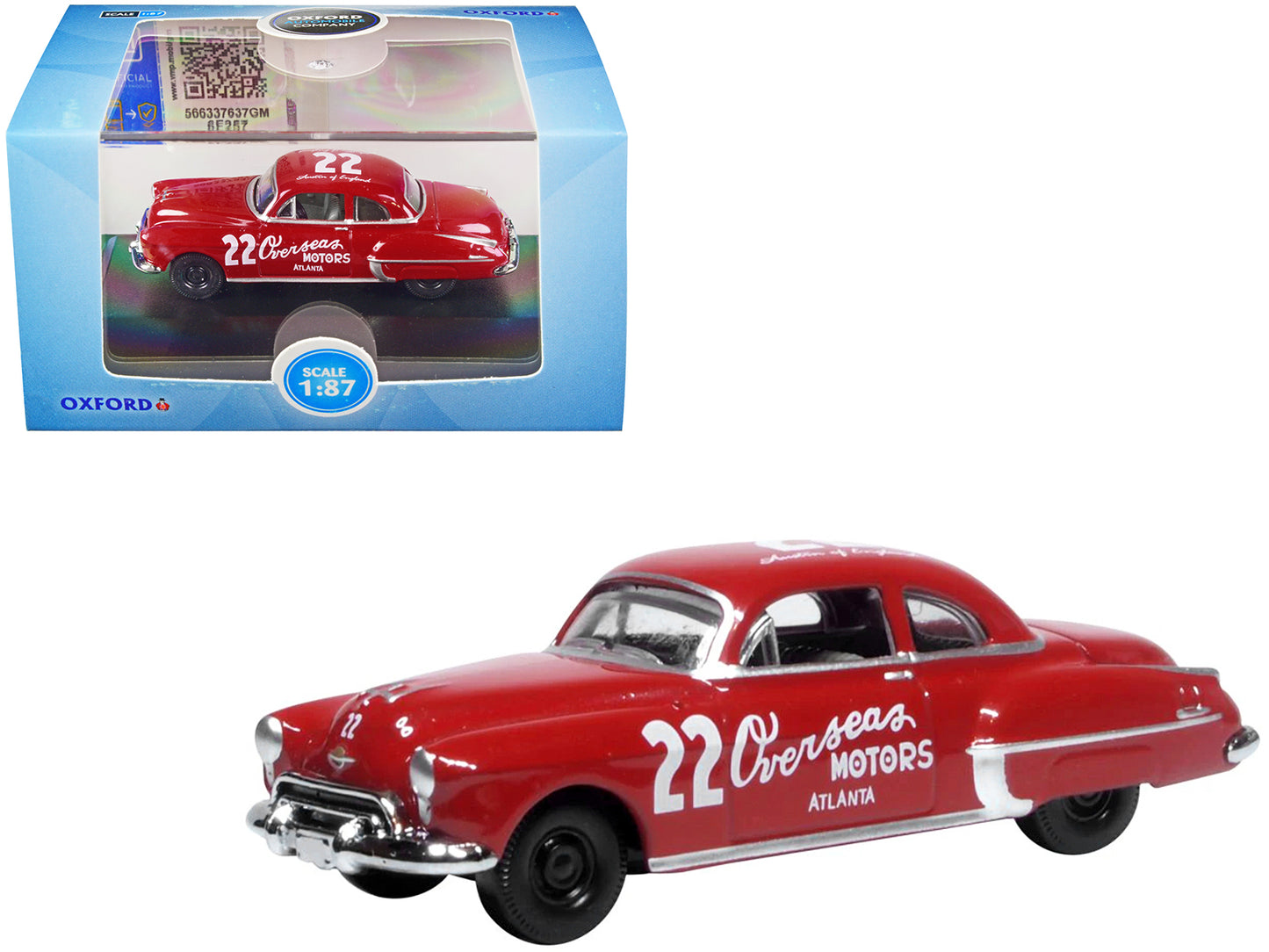 1949 Oldsmobile Rocket 88 Coupe #22 "Overseas Motors Atlanta" Red 1/87 (HO) Scale Diecast Model Car by Oxford Diecast