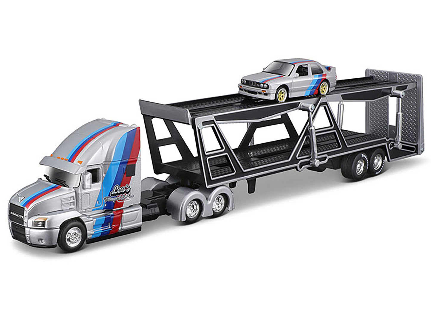 Mack Anthem Open Car Hauler Silver Metallic with Stripes and 1988 BMW 3 Series M3 Silver Metallic with Stripes "Transporters" Series 1/64 Diecast Models by Maisto