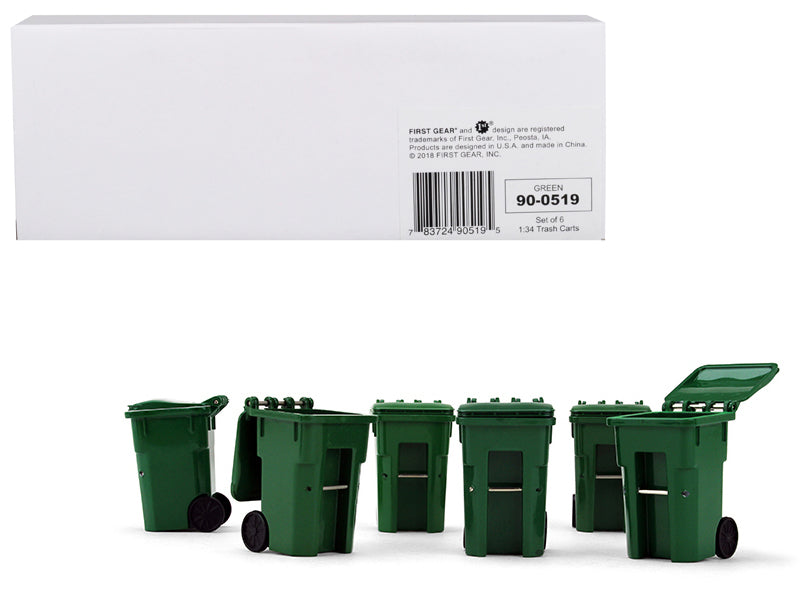 Set of 6 Green Garbage Trash Bin Containers Replica 1/34 Models by First Gear