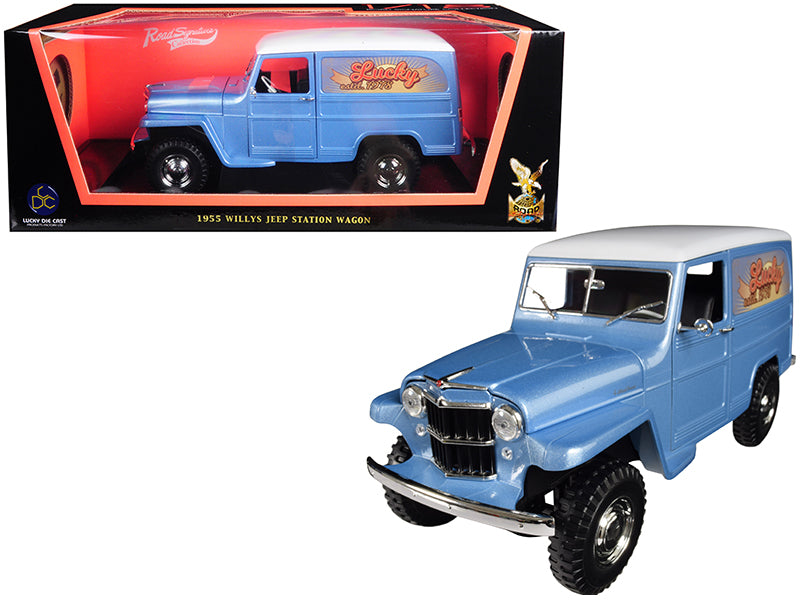 1955 Willys Jeep Station Wagon Silver Blue with White Top "Lucky" 1/18 Diecast Model Car by Road Signature