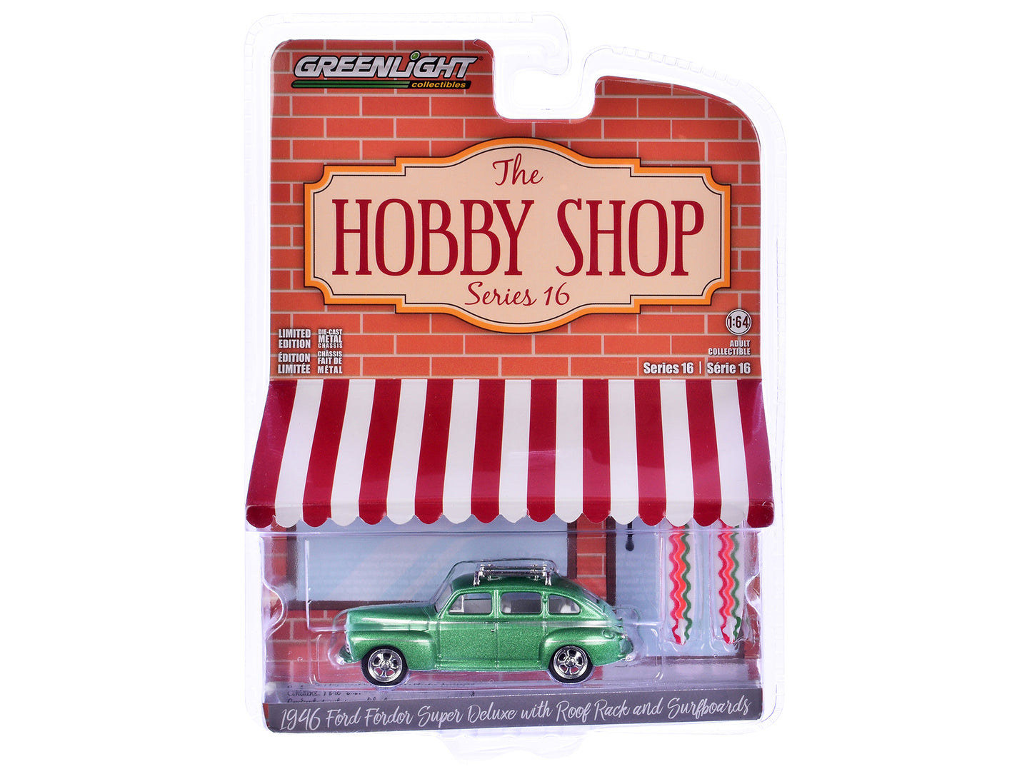 1946 Ford Fordor Super Deluxe Green Metallic with White Interior and Roof Rack with Surfboards "The Hobby Shop" Series 16 1/64 Diecast Model Car by Greenlight