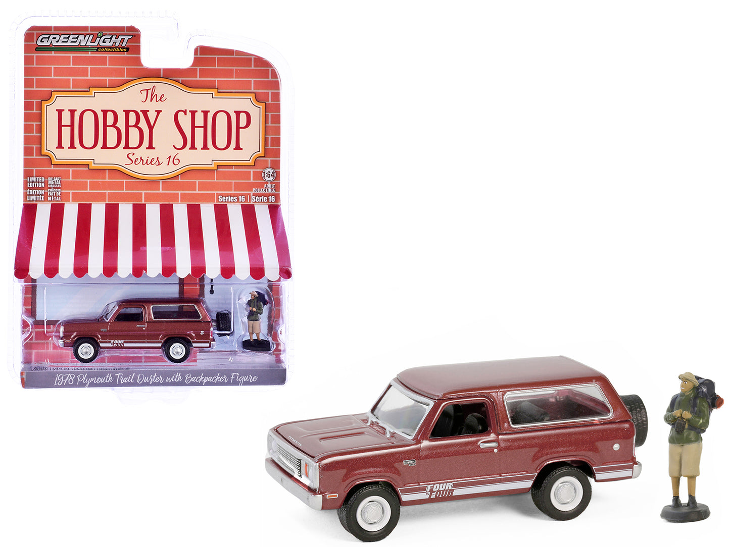 1978 Plymouth Trail Duster Canyon Red Sunfire with White Stripes and Backpacker Figure "The Hobby Shop" Series 16 1/64 Diecast Model Car by Greenlight