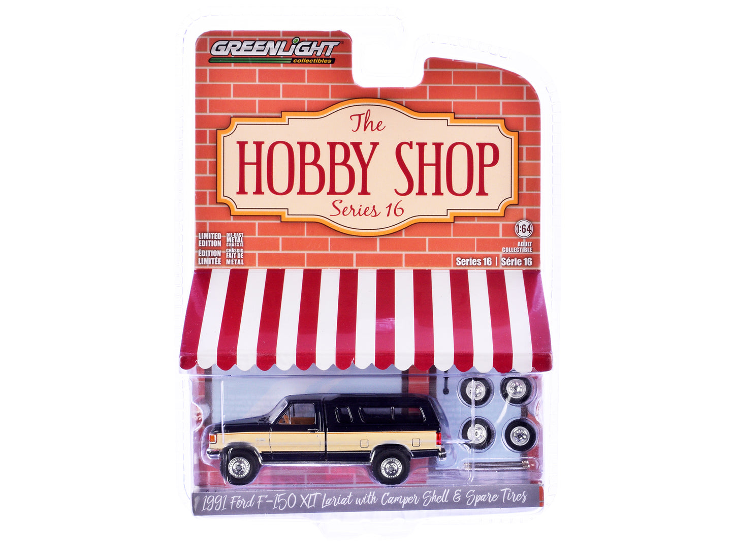 1991 Ford F-150 XLT Lariat Pickup Truck with Camper Shell Deep Shadow Blue and Tan with Spare Tires "The Hobby Shop" Series 16 1/64 Diecast Model Car by Greenlight