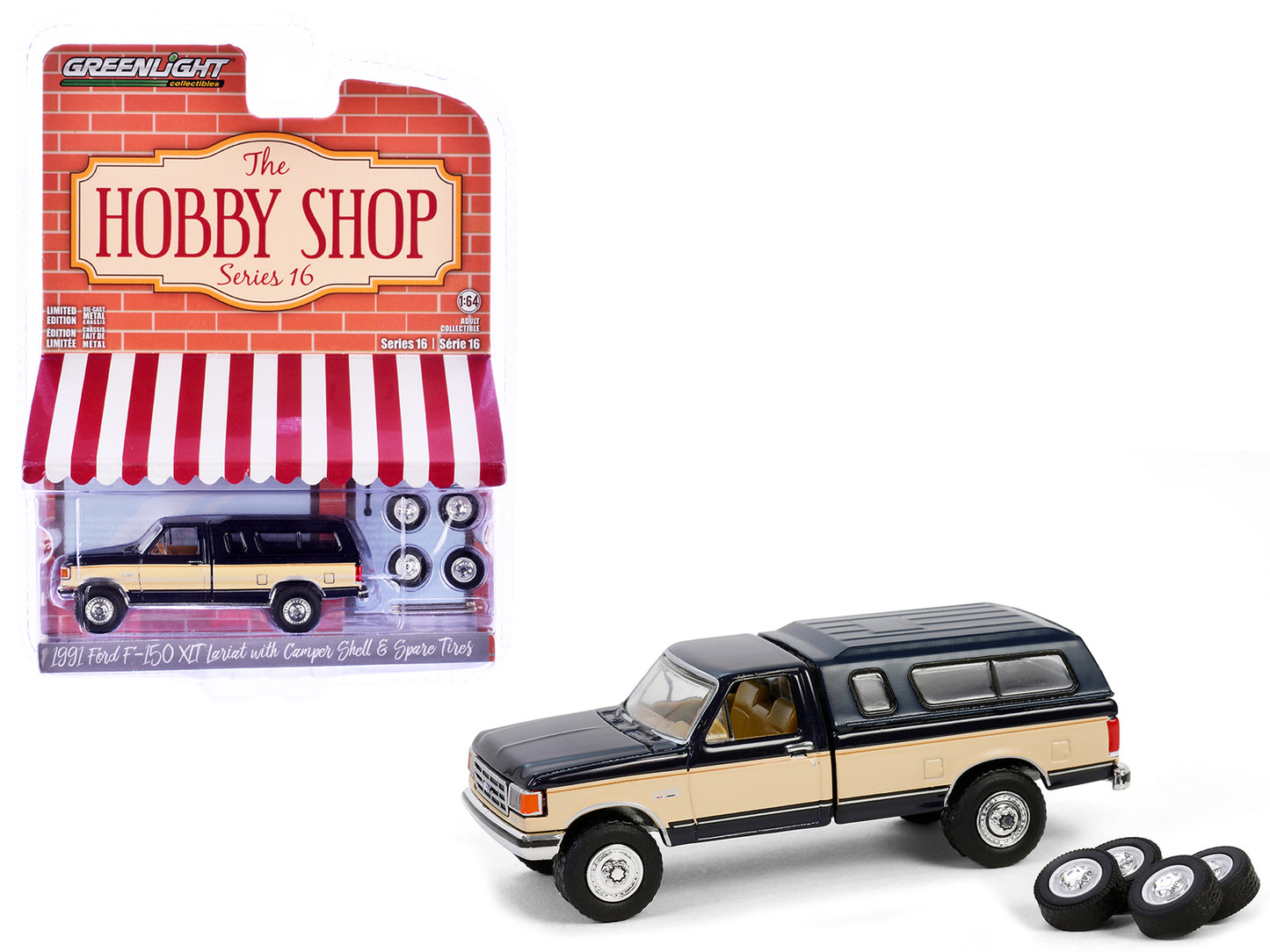 1991 Ford F-150 XLT Lariat Pickup Truck with Camper Shell Deep Shadow Blue and Tan with Spare Tires "The Hobby Shop" Series 16 1/64 Diecast Model Car by Greenlight