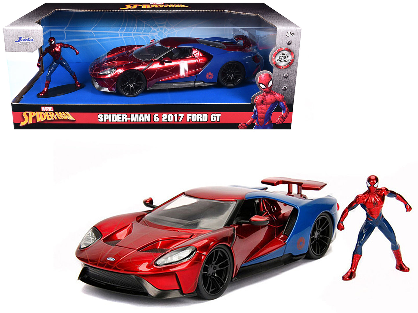 2017 Ford GT with Spider Man Diecast Figurine "Marvel" Series 1/24 Diecast Model Car by Jada