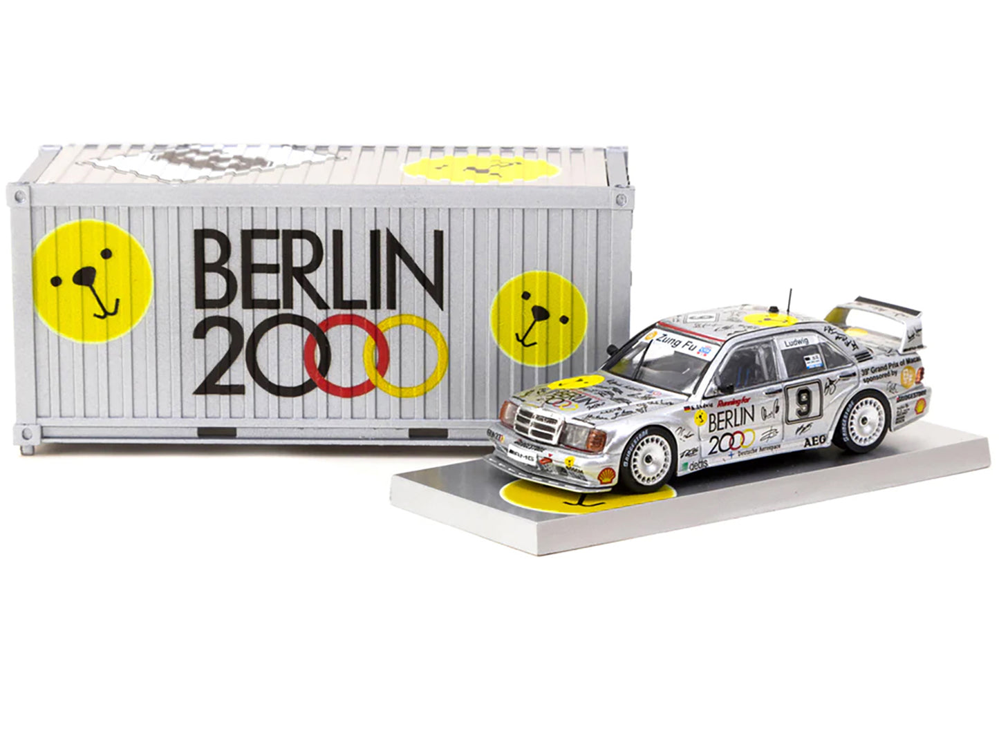 Mercedes-Benz 190 E 2.5-16 Evolution II #9 Klaus Ludwig "Macau Guia Race" (1992) with Container Display Case "Hobby64" Series 1/64 Diecast Model Car by Tarmac Works