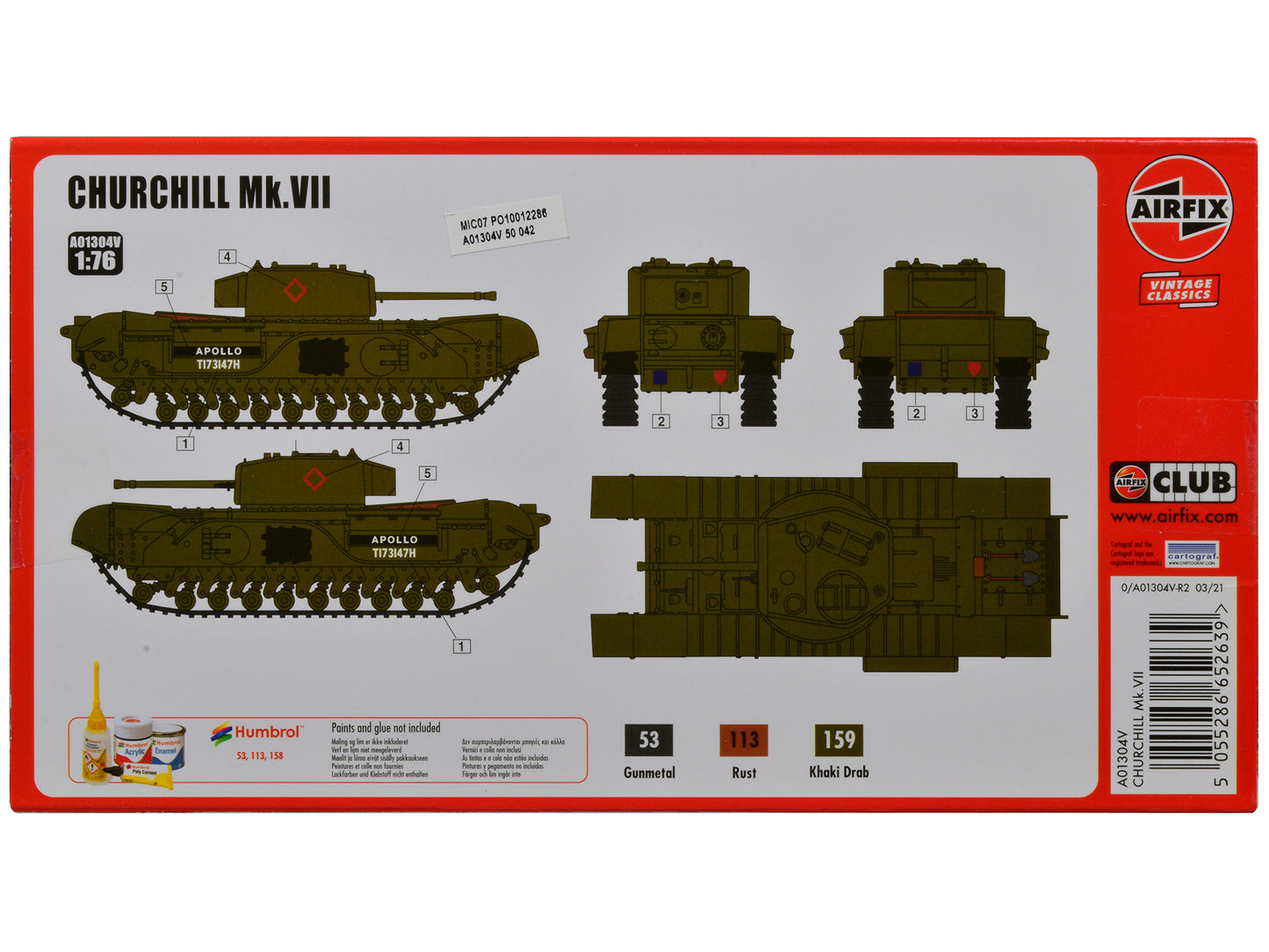 Level 2 Model Kit British Churchill Mk.VII Tank 1/76 Plastic Model Kit by Airfix